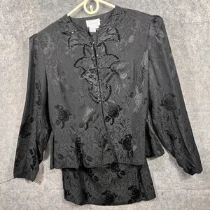 VTG Silk Studio 100% Silk Black Jacket & Skirt‎ with Sequin Floral design Sz 14